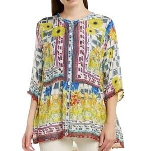 Johnny Was Theda Tunic 100% Silk Blouse Pom Pom Floral Button Up Women Small